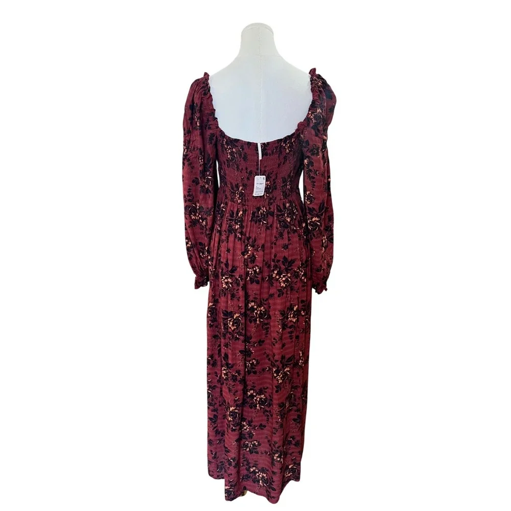 Free People Burgundy Viscose Modal‎ Jaymes Maxi Dress Dark Floral Smocked Small